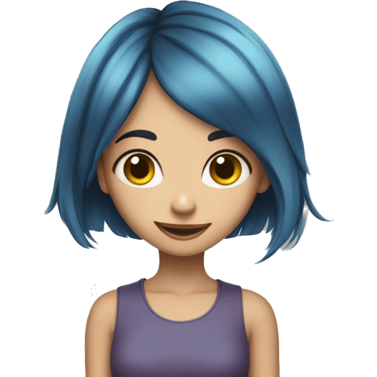 Skinny and happy girl, Big eyes, short and blue hair, happy emoji