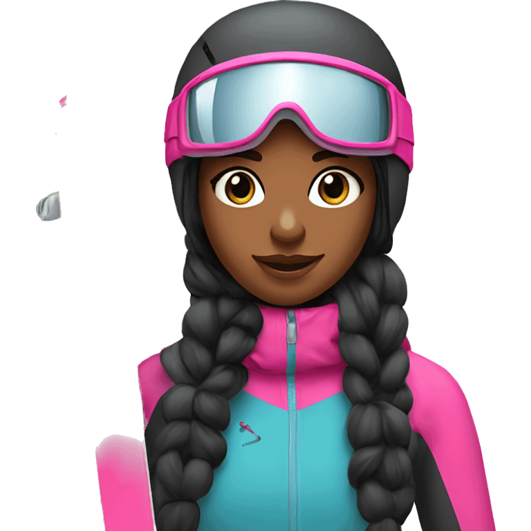 Black Skier girl with long black hair and pink gear show skis and legs  emoji