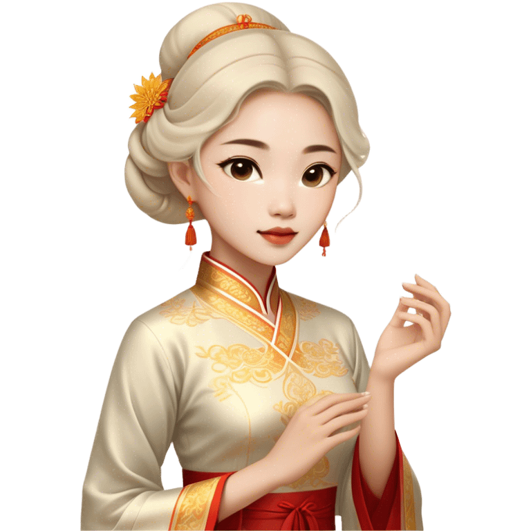 Cinematic Realistic Áo Dài Portrait Emoji, depicted as an elegant traditional Vietnamese dress with flowing graceful lines and delicate patterns, rendered with rich textures and soft ethereal lighting that captures its timeless beauty. emoji