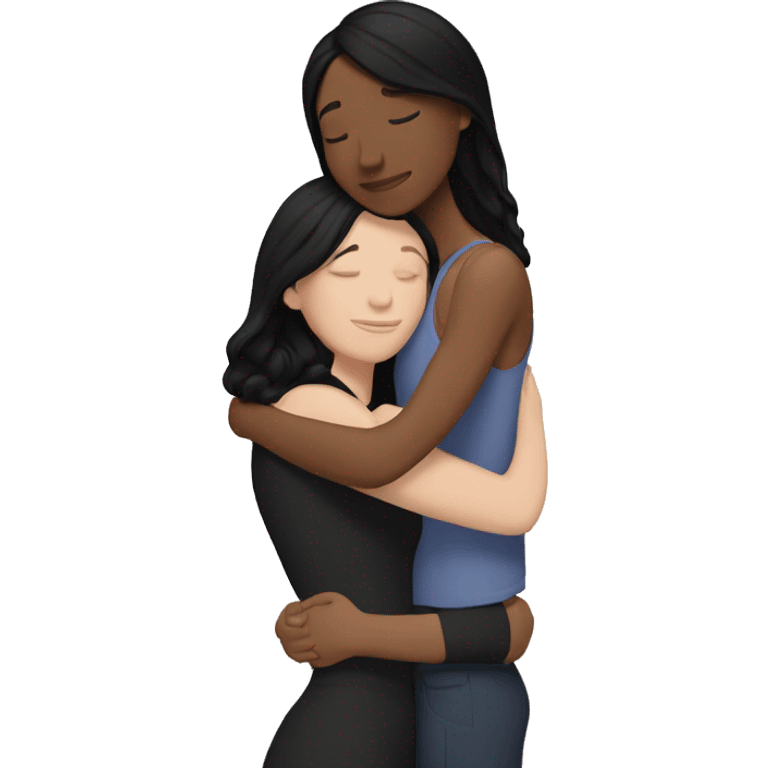 A lesbian couple that both have white skin and long black hair are hugging intimately, and romantically. emoji