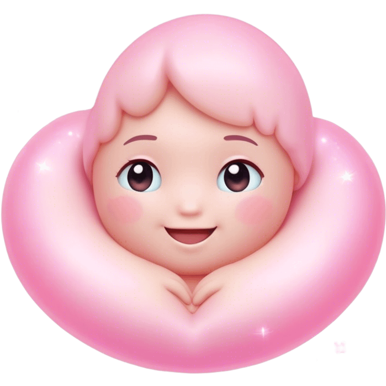 Cinematic floating soft heart, chubby round edges, pastel pink glow, tiny smiling face, surrounded by dreamy sparkles, gentle and loving. emoji