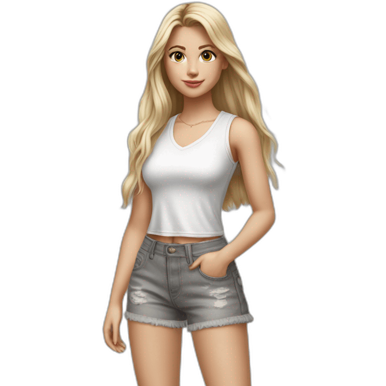 hyperrealist caucasian girl, long straight blonde hair, white v-neck laced crop tanktop, grey tight jean shorts, sneakers emoji