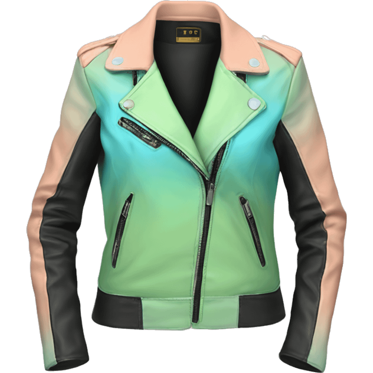 Hyper Realistic isolated side view of an open black,peach,pastel green,pastel blue ombre feminine fashion leather jacket.  emoji