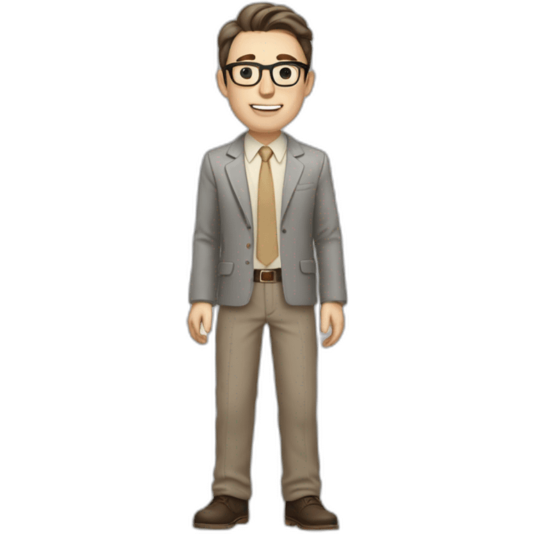 Full height Actively Gesturing Pale skinned fit man with dark brown hair in gray jacket, beige office shirt, brown tie, brown pants and vintage glasses. emoji