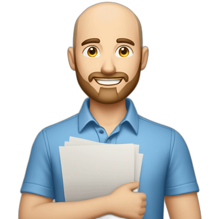 good looking caucasian male with small beard and almost bald smart casual blue shirt holding papers emoji