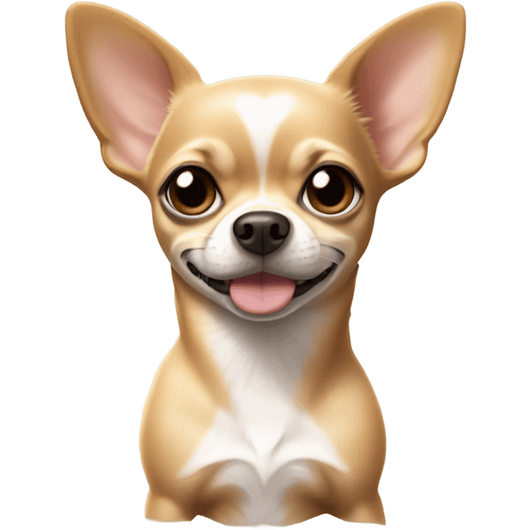 Chihuahua tan coat with white markings on its chest, muzzle, and paws, along with medium-sized floppy ears and a round face emoji