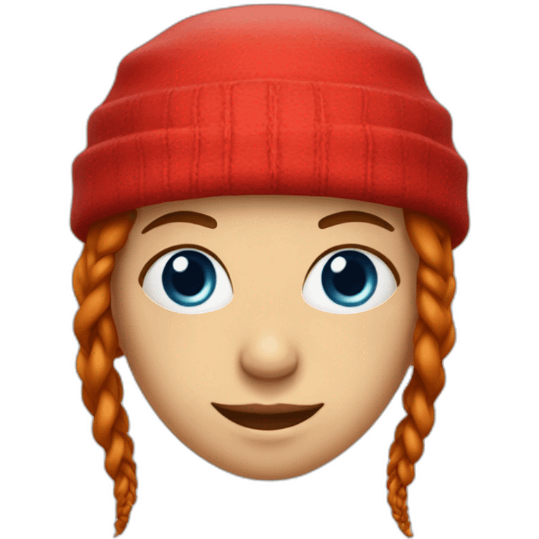 a girl with long red dreadlocks and a little dark at the root, blue eyes, a little bags under the eyes in a red hat, a malicious smile, furrowed eyebrows emoji