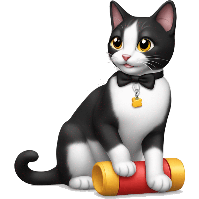 tuxedo cat playing with toy emoji