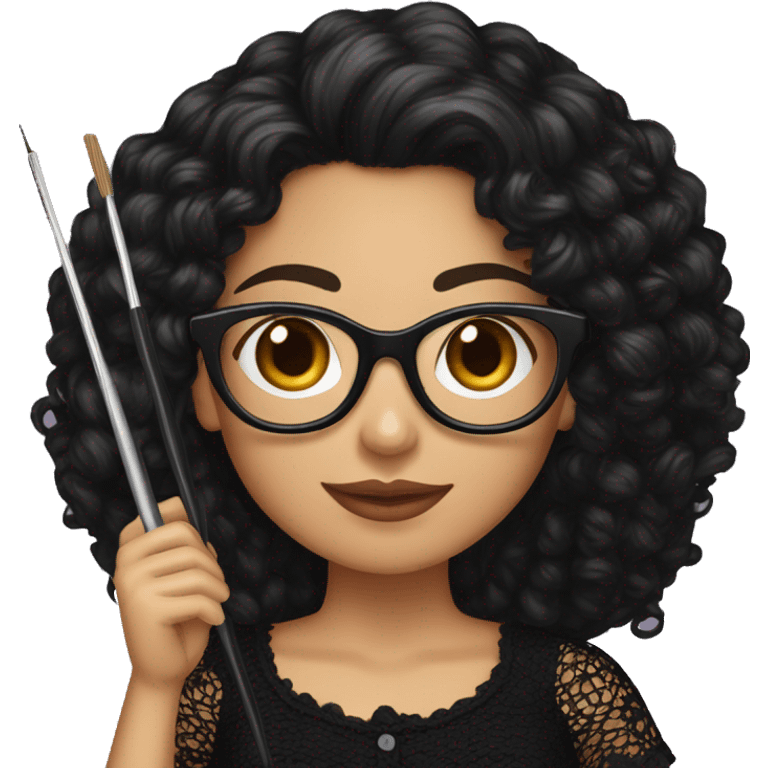 Hispanic woman with black glasses and long dark brown curly hair holding crochet hook and yarn wearing a black lace shirt emoji