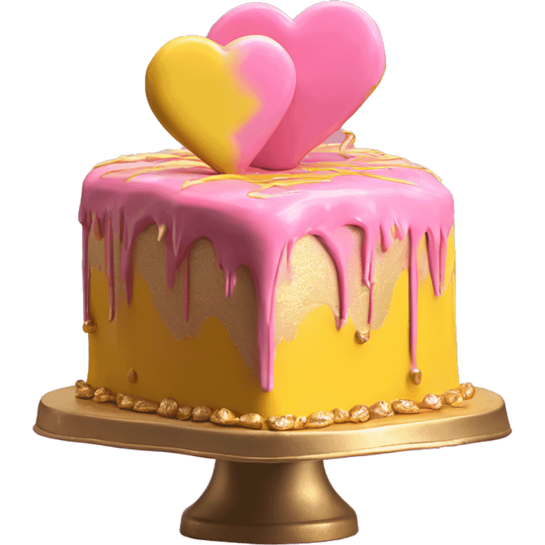 Realistic pink and yellow heart shaped layered cake with metallic gold icing dripping down the cake. emoji