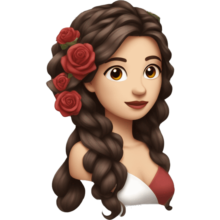 Beautiful, rose, red, flowers in hair, long dark brown hair, white fair skin emoji