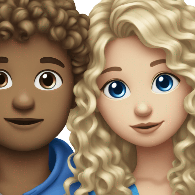 straight blonde hair blue eyed girl kissing mixed boy with curly brown hair emoji