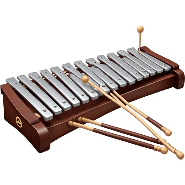 Create a detailed and professional emoji representing a Fleet FLT-SX37 long orchestral wooden xylophone. The design should showcase the large wooden bars of the xylophone, arranged in a traditional setup, with soft metallic accents on the mallets. The bars should have a rich wood texture, with polished details to reflect the quality of the instrument. The mallets should be held above the bars, with the heads clearly visible. Use warm, rich wood tones like mahogany and light brown, with silver or metallic accents for the mallets. Add subtle musical notes floating above the xylophone to emphasize its melodic sound. The background should be transparent. emoji