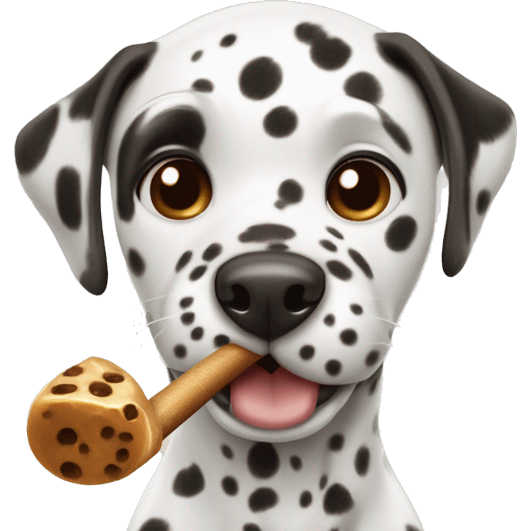 A Dalmatian with brown spots holds a caramel cane in his teeth emoji