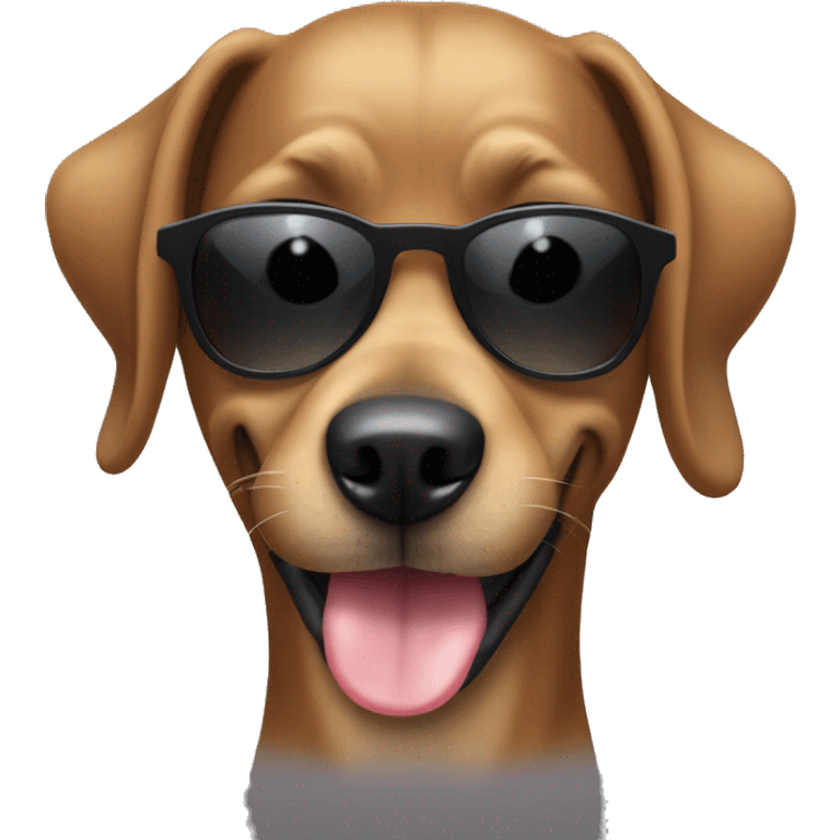 ALL HAIR IS BLACK Female black large dog with very short hair and big ears with sunglasses . She is smiling with the tongue outside the mouth  emoji