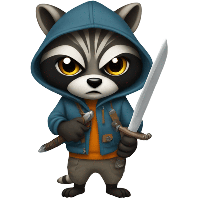 fullbody raccoon thief whith mask and hoodie serious mood holding a dagger emoji