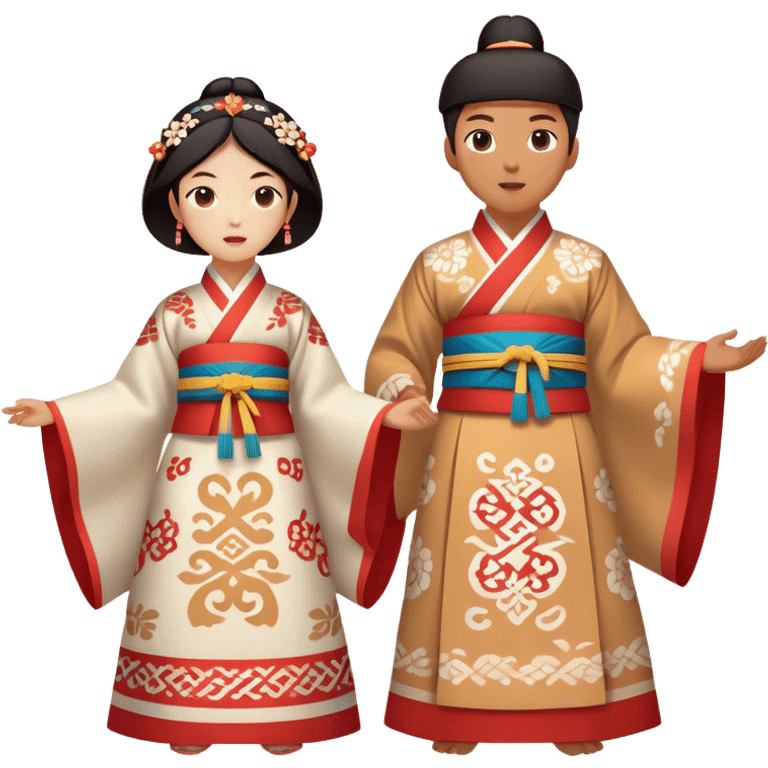 Cinematic Realistic scene of two performers engaging in Ganggangsullae, dressed in traditional Korean costumes with intricate patterns and graceful movements, illuminated by soft, festive lighting that accentuates the cultural ambiance emoji