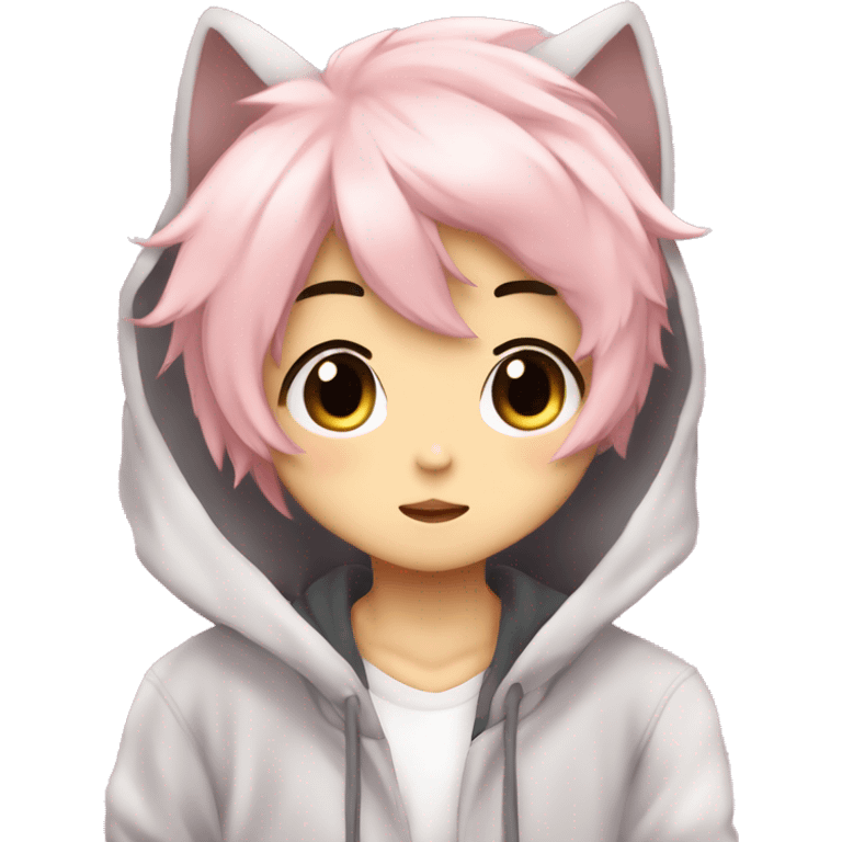 Cute Kawaii Beautiful Gorgeous Sparkly Shiny Blushing Anime Style Romantic Shojo Catboy Man Guy Femboy With Pretty Hair And Hoodie Trendy Style Outside emoji