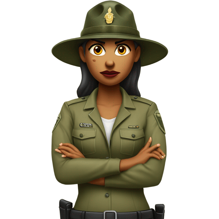 a female drill sergeant character wearing a classic sergeant hat and a camouflage army shirt. The character should have an angry intense expression. full torso emoji