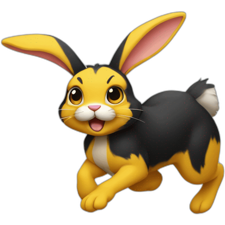 fierce looking black and yellow colored bunny running to the right emoji