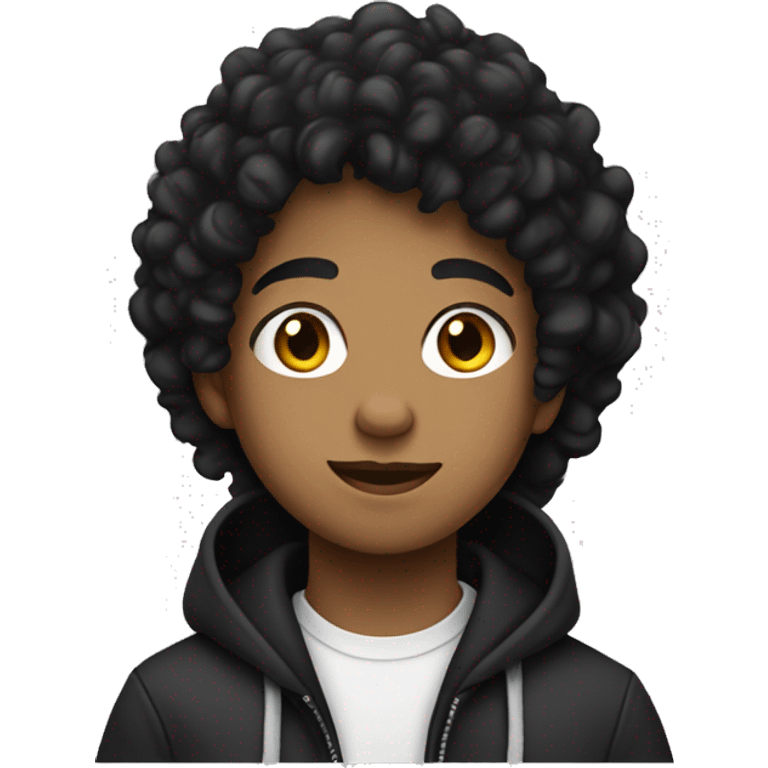 A teen with curly black hair that’s mixed and has a black hoodie emoji