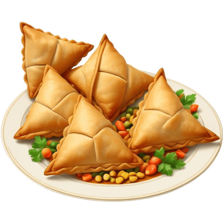 Cinematic Realistic Samosas Dish Emoji, depicted as golden, crispy pastry pockets filled with spiced vegetables rendered with detailed textures and appetizing lighting. emoji