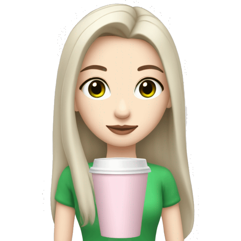 girl with pale skin, very long dark black hair and green eyes and light pink outfit drinking a latte emoji