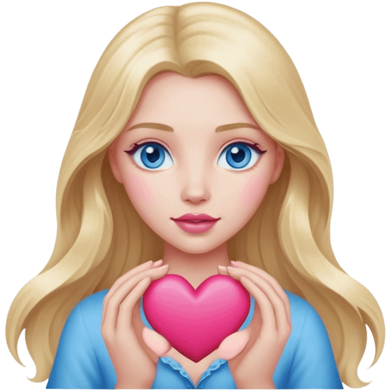 A realistic blonde with long hair and blue eyes and pink lips holds a heart in her hands emoji