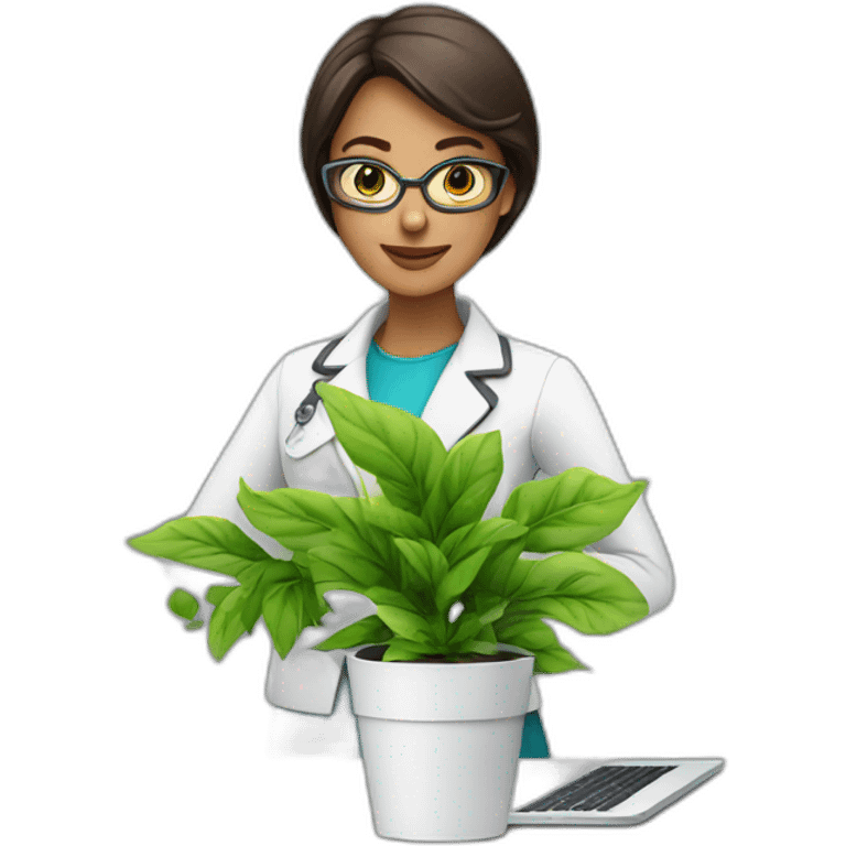 Woman Technologist with MacBook, green plant and cup of coffee emoji