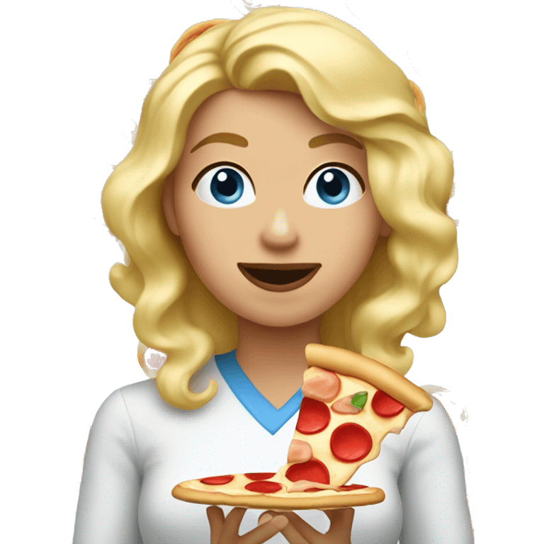 blone woman with waves and blue eyes eating a ham pizza emoji