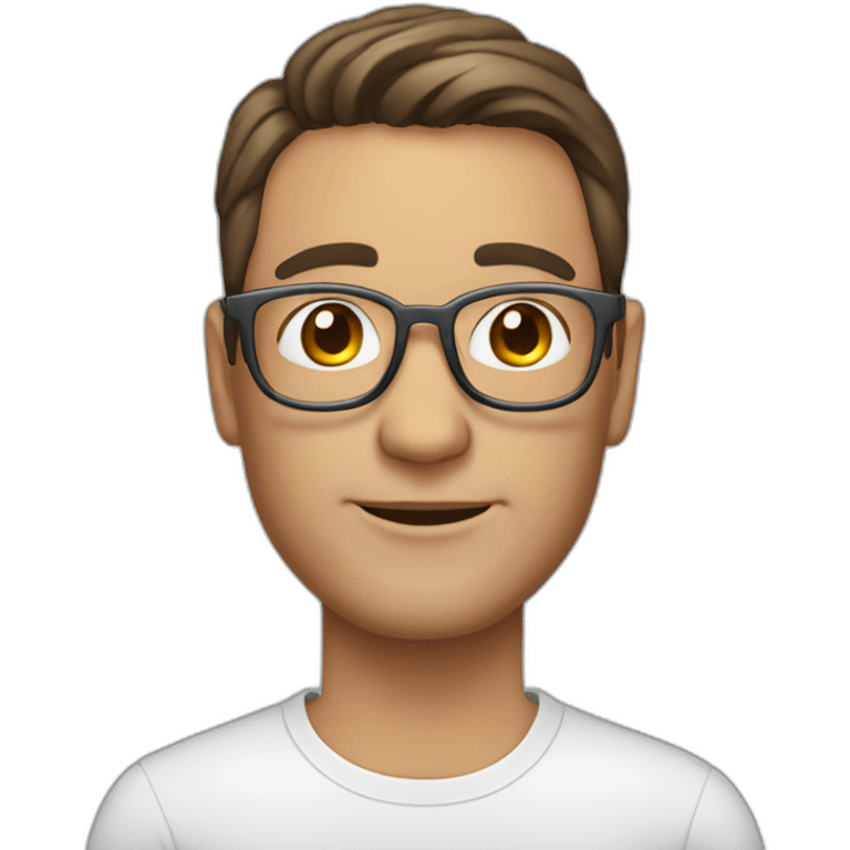 Middle aged gay male with brown hair and earings, round glasses, earrings,silver necklace,smooth shaven emoji