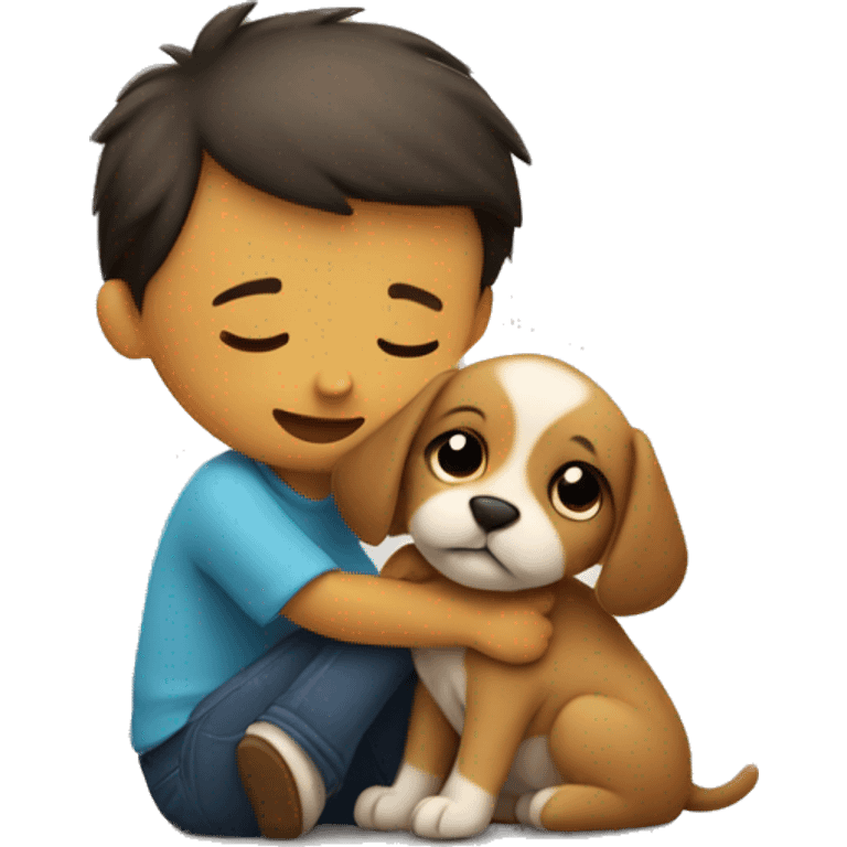 Small Puppy tightly hugs sitting boy  emoji