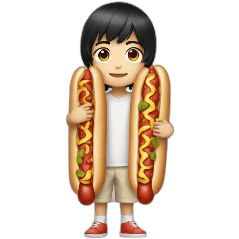 shoulder length black hair chibi boy wearing hotdog costume emoji