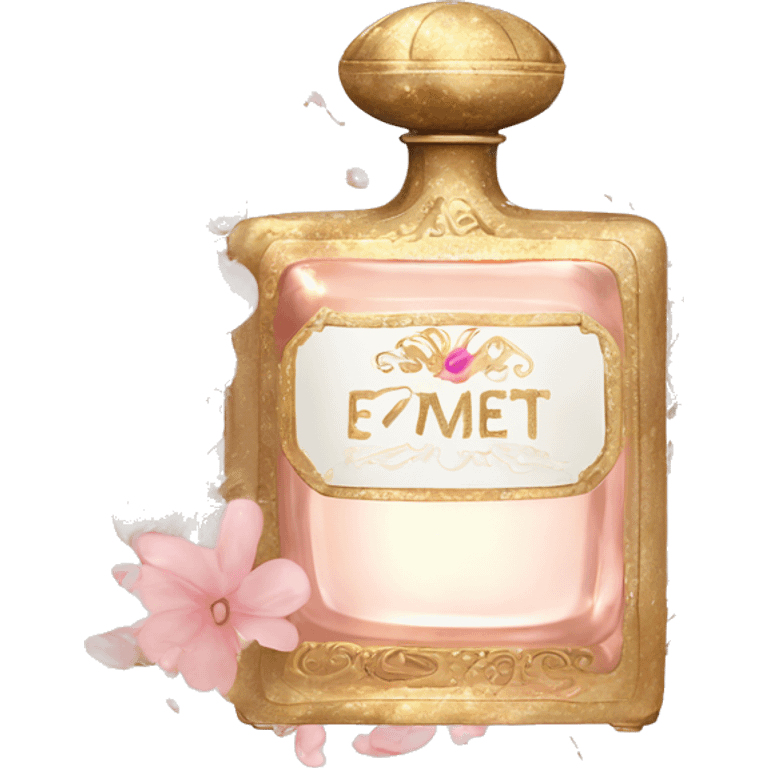 Vintage perfume bottle in antique Greek style, white, pink and beige, oil perfume inside, sequins and flowers fluttering around emoji