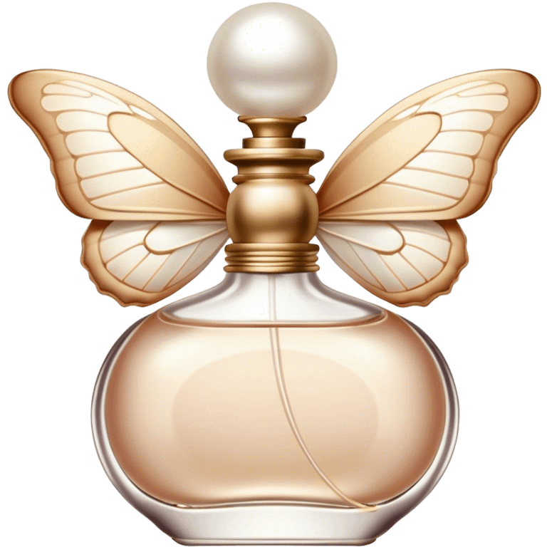 A delicate butterfly with wings in soft beige and pearl hues, resting gently on a vintage perfume bottle.
 emoji