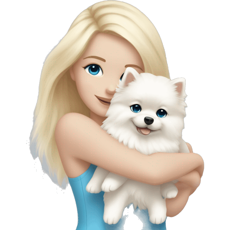 Blond girl white skin blue eyes hugging white Pomeranian with light pink bow emoji