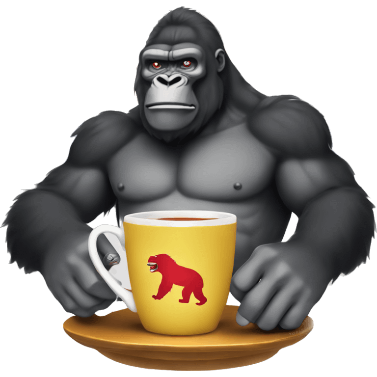 king kong drinking tea  with british flag behind in the background emoji