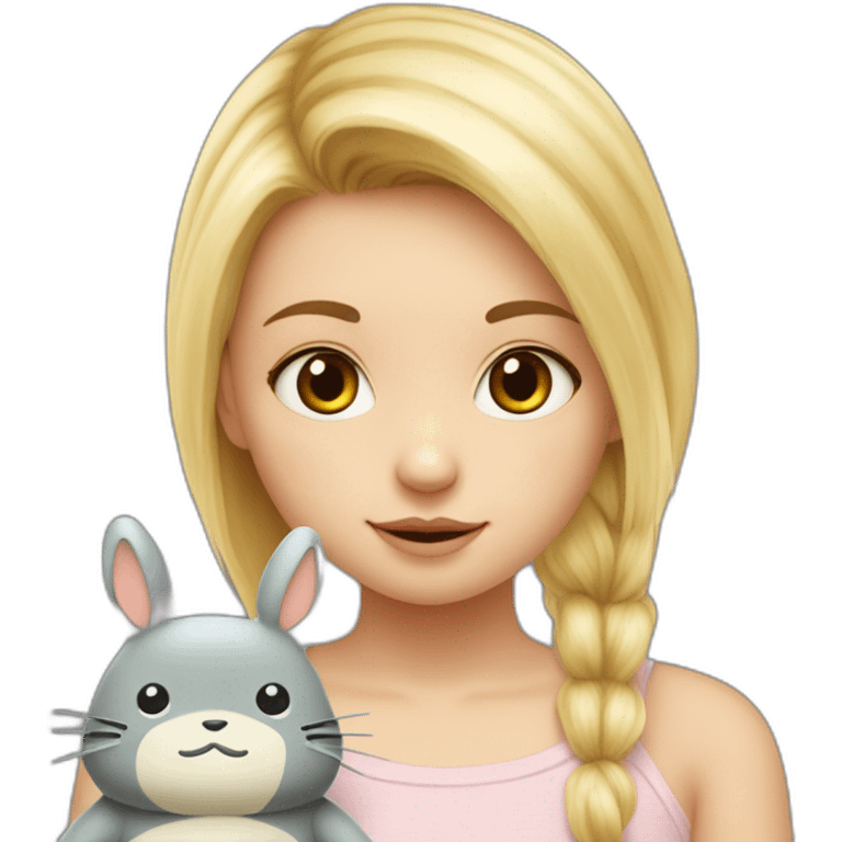 bébé fille blonde décoiffée avec une peluche Totoro  emoji