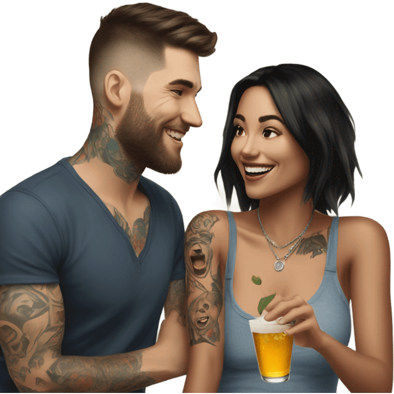 Photo Female model smiling at a very handsome tattooed man drinking  emoji