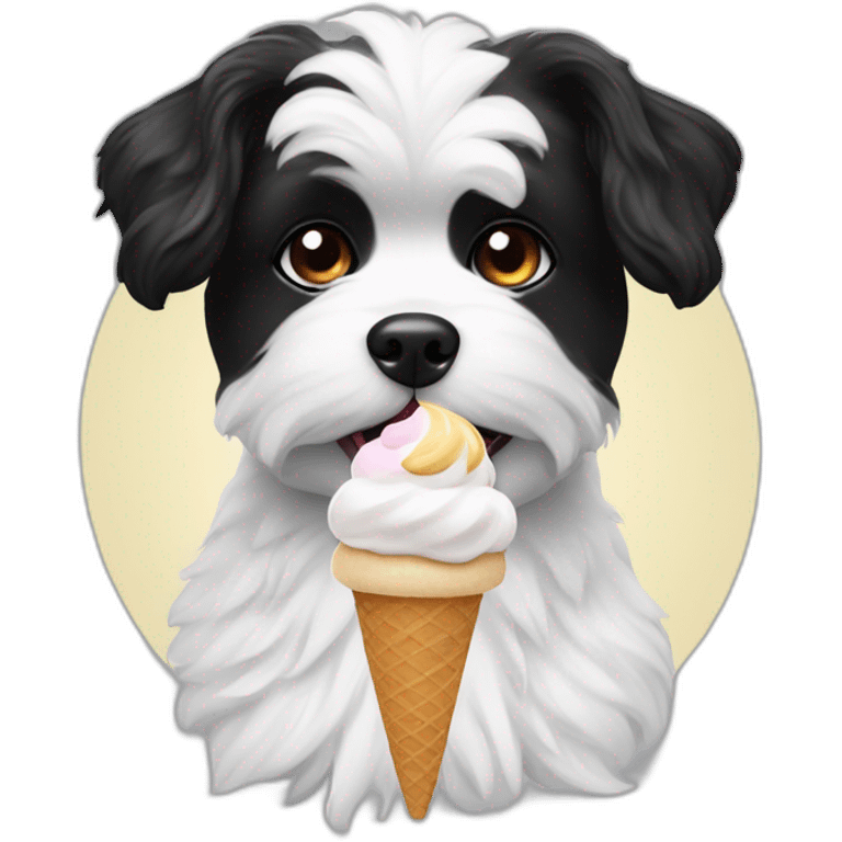 A black and white Maltese spitz eating an ice cream emoji