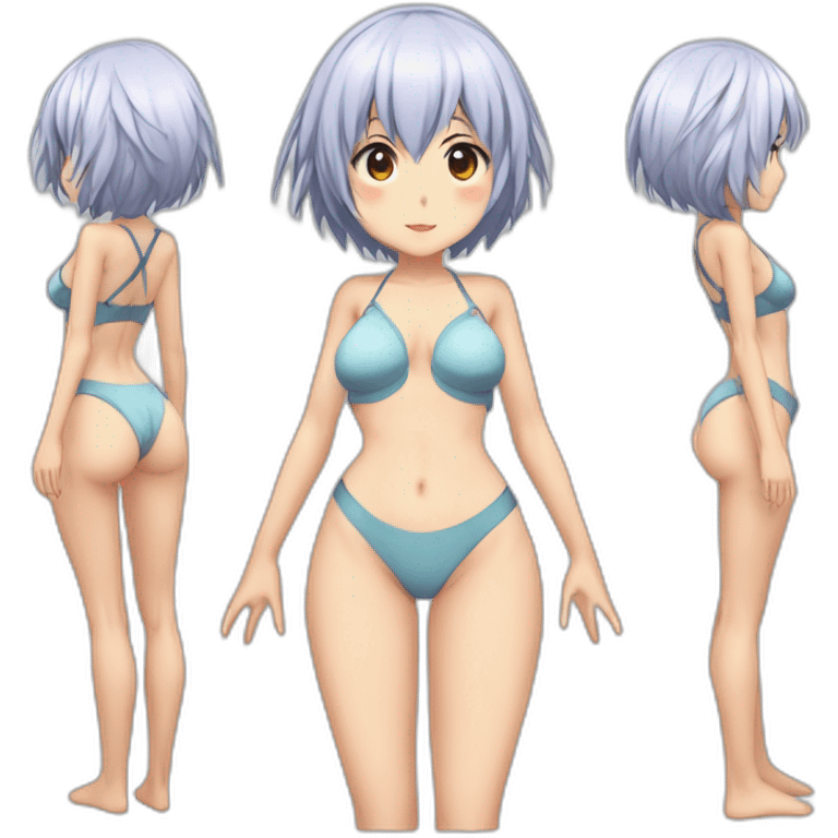 rei ayanami nue, full-body, short-hair, teen, back and front views, bikini emoji