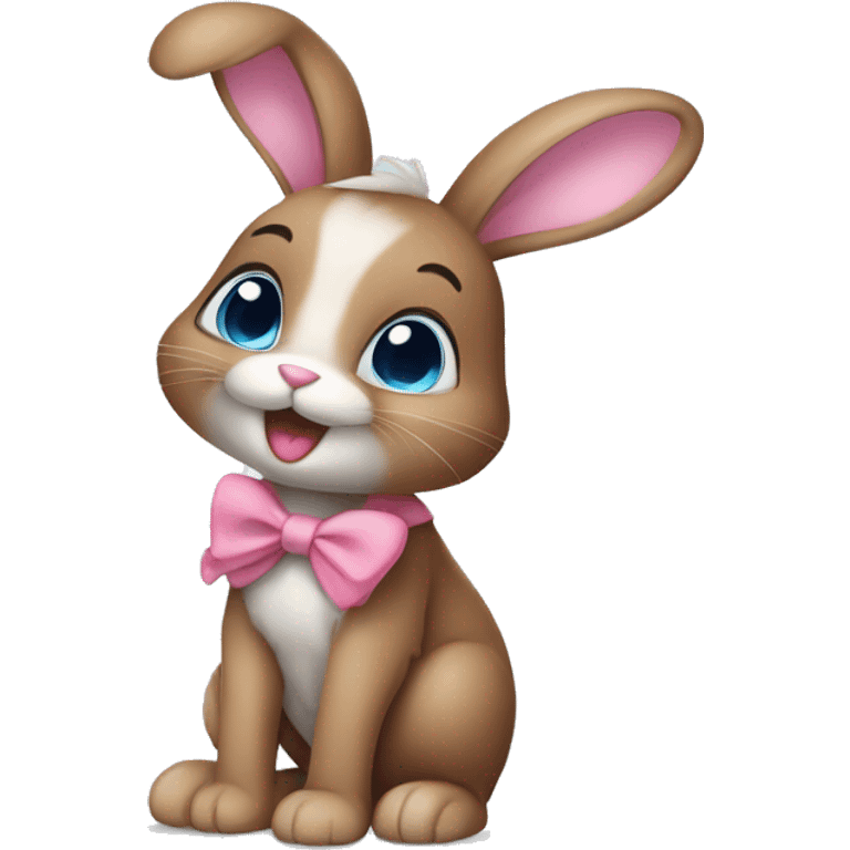 cute brown bunny with pink bow, one ear different from another, one leg white, other gray, blue eyes, more light emoji