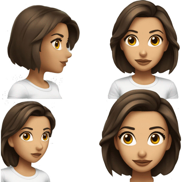 3/4 face, contrasted, shadow, light, Eva Longoria expression, standing from a distance, thin nose, brunette woman, hazel eyes, long eyelashes, dark shoulder shaded hair, white t-shirt, jeans, white sneakers emoji