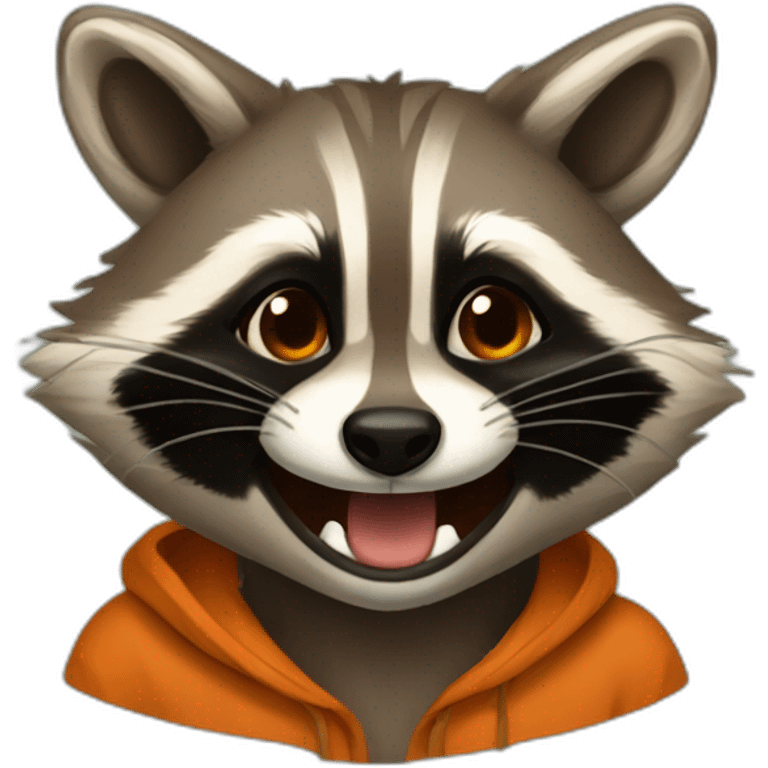 brown raccoon with orange eyes and a dark green hood that is laughing emoji