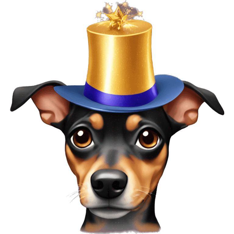 Minituare  Pinscher wearing new years hat emoji