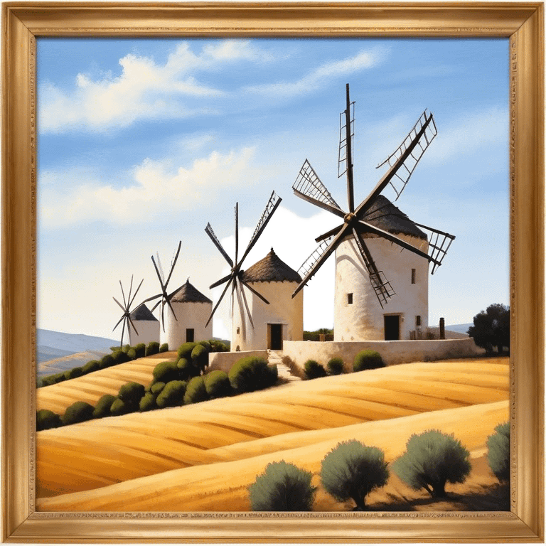 ​Cinematic Realistic Spanish Windmills (Mota del Cuervo), depicted as a cluster of gracefully aged windmills with weathered whitewashed facades and rustic wooden sails, standing proudly on a sunlit, rolling hillside of golden fields and olive groves, rendered with intricate textures and soft natural lighting that captures the timeless rural charm and historical significance of the Spanish landscape, emoji