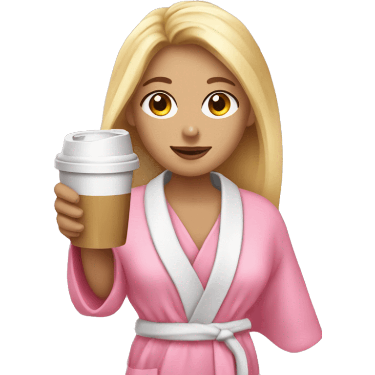 a blonde girl in a pink bathrobe with cold coffee in her hand is making up emoji