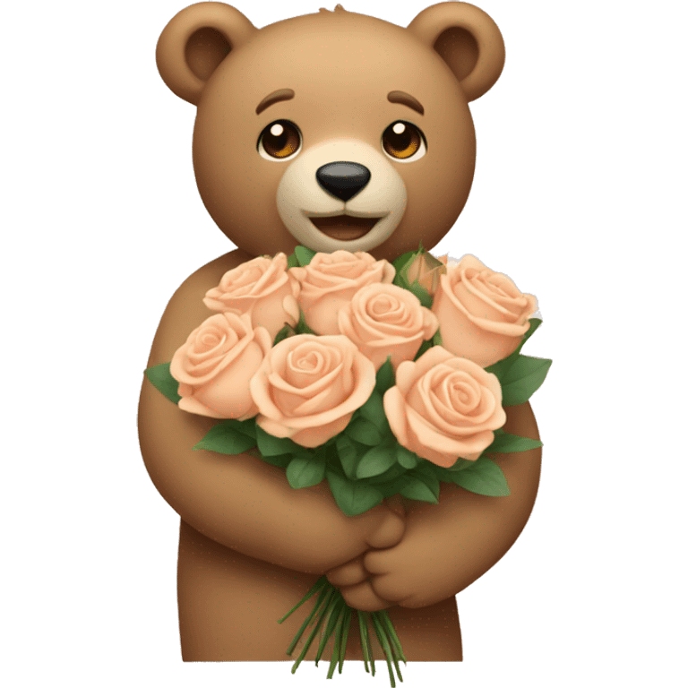 A beige bear with a bouquet of roses emoji