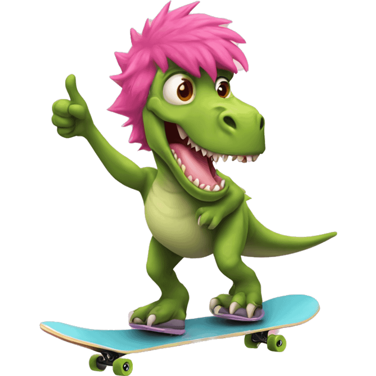 Dinosaur with pink hair, riding a skateboard holding a thumb thumbs up emoji