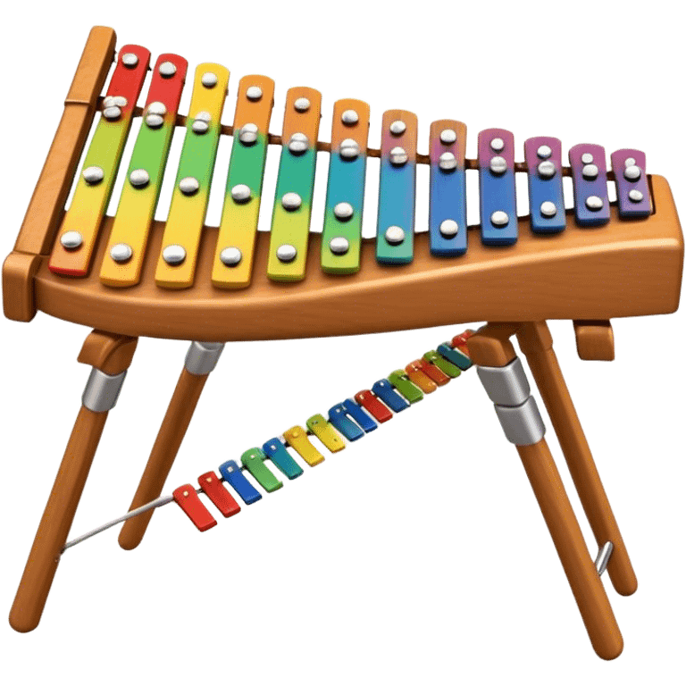 Create a vibrant and detailed emoji representing a professional wood xylophone. The design should feature the sleek wooden keys of the xylophone, arranged neatly on the frame, with metal bars clearly visible. Add the mallets placed beside the instrument or in motion, highlighting their soft rubber heads. Use warm, natural wood tones for the keys, with subtle metallic accents to reflect the professional quality of the instrument. Add small musical notes or soundwaves around the xylophone to evoke its bright, percussive sound. The background should be transparent. emoji